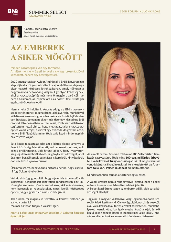 A Summer Select Magazin 2026 első oldala: Az emberek a siker mögött, előszó